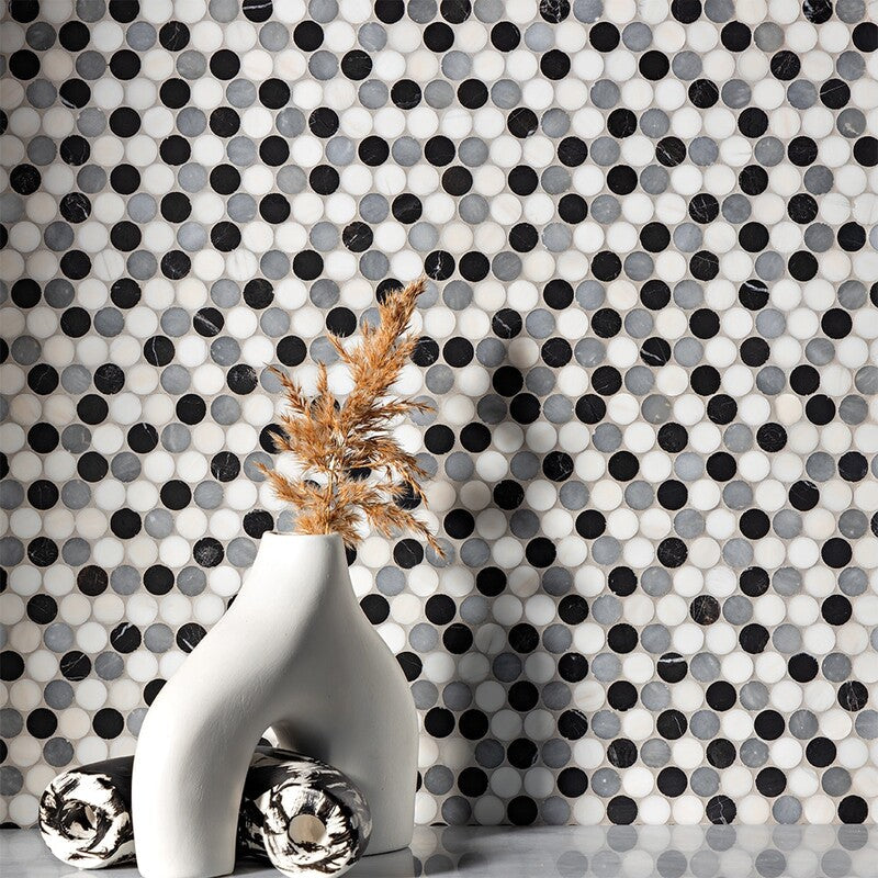 PENNY ROUND 2.0: China Black, Snow White, Allure Light Penny Round Mosaic (honed | 11"x11"x1/4" | straight cut)