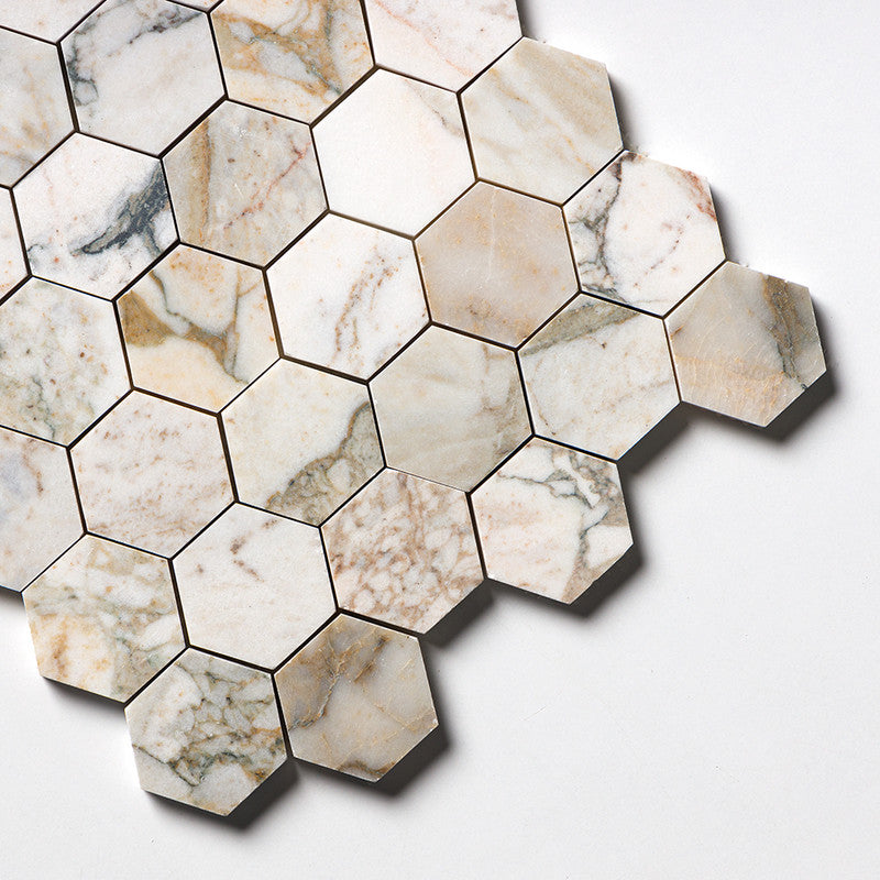 CALACATTA GREEN: 2 Hexagon Mosaic (honed | 10"x12"x3/8" | straight cut)