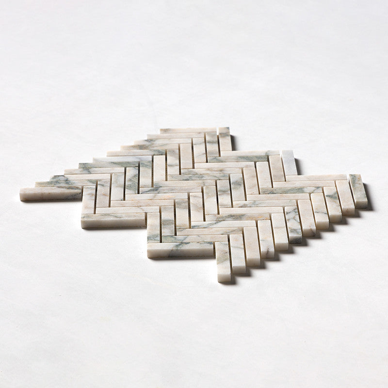 CALACATTA GREEN: 5/8X3 Herringbone Mosaic (honed | 10"x12"x7/16" | straight cut)