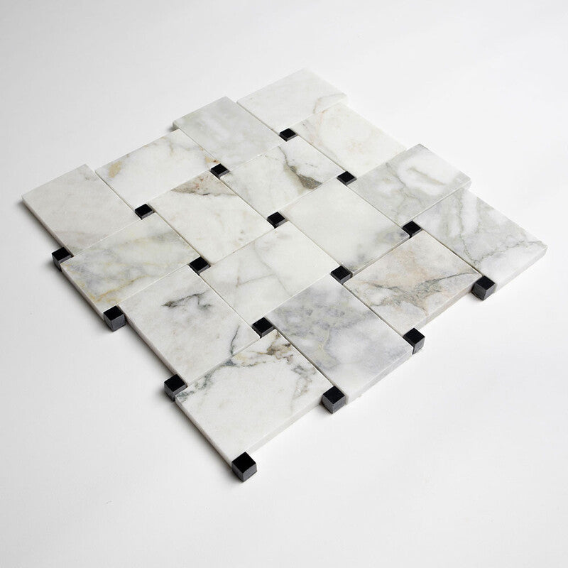 CALACATTA GREEN: Pinwheel Basketweave Mosaic (honed | 10"x10"x3/8" | straight cut)