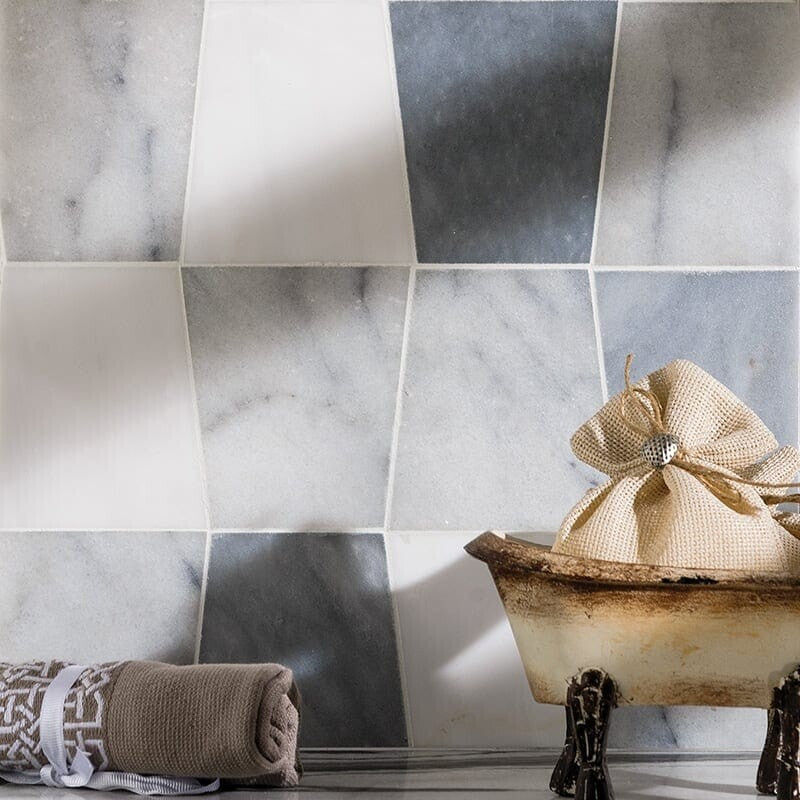GLACIER : Afyon Gray Snow White Tapered Trapezoid Mosaic (honed | 12"x12"x1/2" | straight cut)