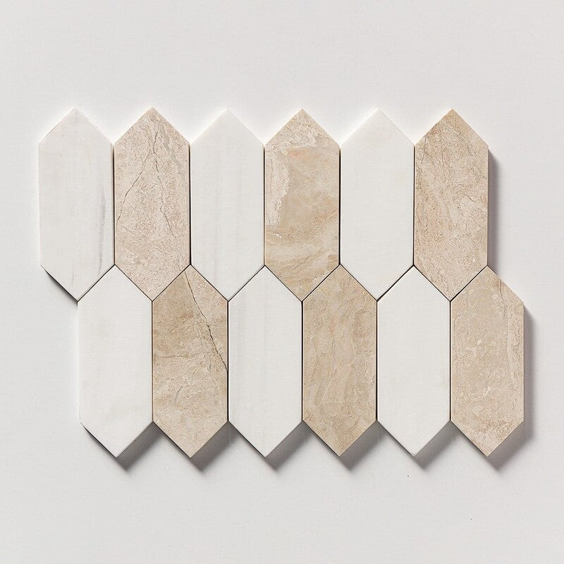 DIMENTIONS : Diana Royal Snow White Medium Picket Mosaic (honed | 11"x13"x3/16" | straight cut)