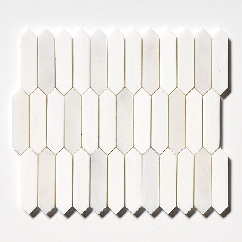 DIMENTIONS : Afyon White Baby Picket Mosaic (multi finish | 11"x13"x3/16" | straight cut)