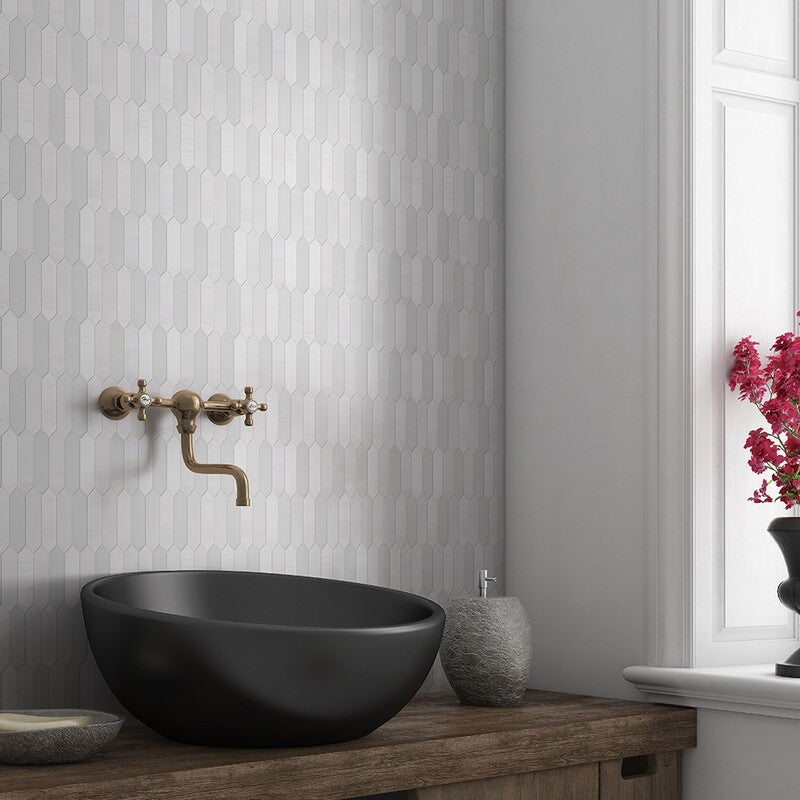 DIMENTIONS : Afyon White Baby Picket Mosaic (multi finish | 11"x13"x3/16" | straight cut)