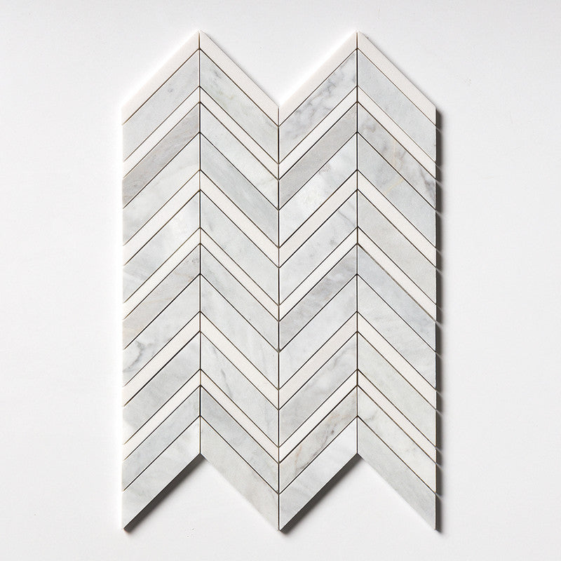 DIMENTIONS : Aspen White Fusion Chevron Mosaic (multi finish | 11"x16"x7/8" | straight cut)
