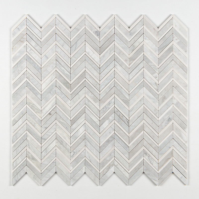 DIMENTIONS : Aspen White Fusion Chevron Mosaic (multi finish | 11"x16"x7/8" | straight cut)