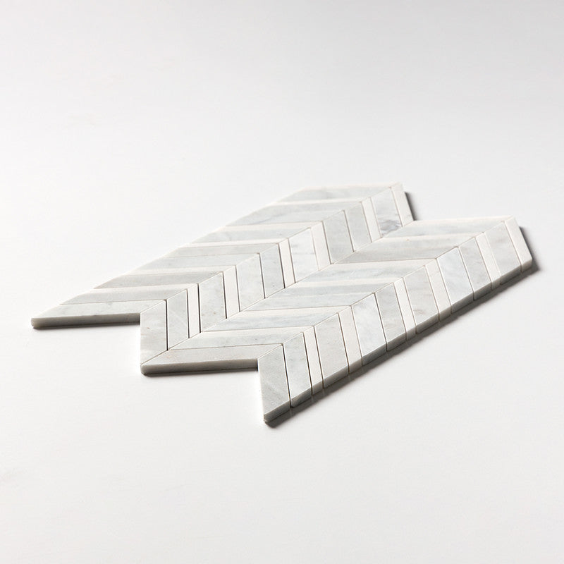 DIMENTIONS : Aspen White Fusion Chevron Mosaic (multi finish | 11"x16"x7/8" | straight cut)