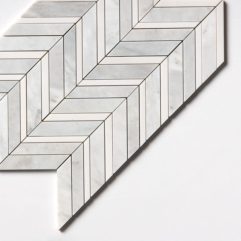 DIMENTIONS : Aspen White Fusion Chevron Mosaic (multi finish | 11"x16"x7/8" | straight cut)