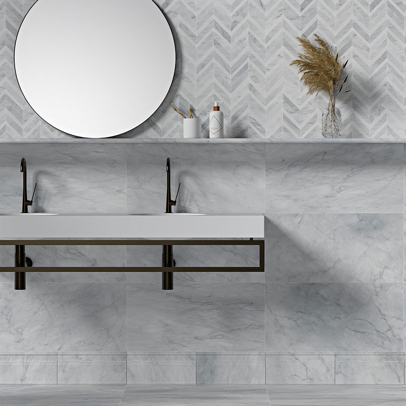 DIMENTIONS : Aspen White Fusion Chevron Mosaic (multi finish | 11"x16"x7/8" | straight cut)