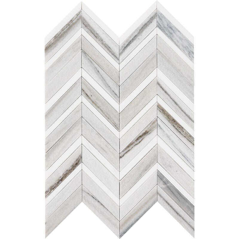 DIMENTIONS : Snow White Fusion Chevron Mosaic (multi finish | 11"x16"x7/8" | straight cut)