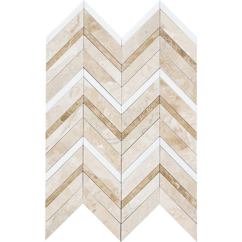 DIMENTIONS : Diana Royal Snow White Paradise Fusion Chevron Mosaic (multi finish | 11"x16"x7/8" | straight cut)