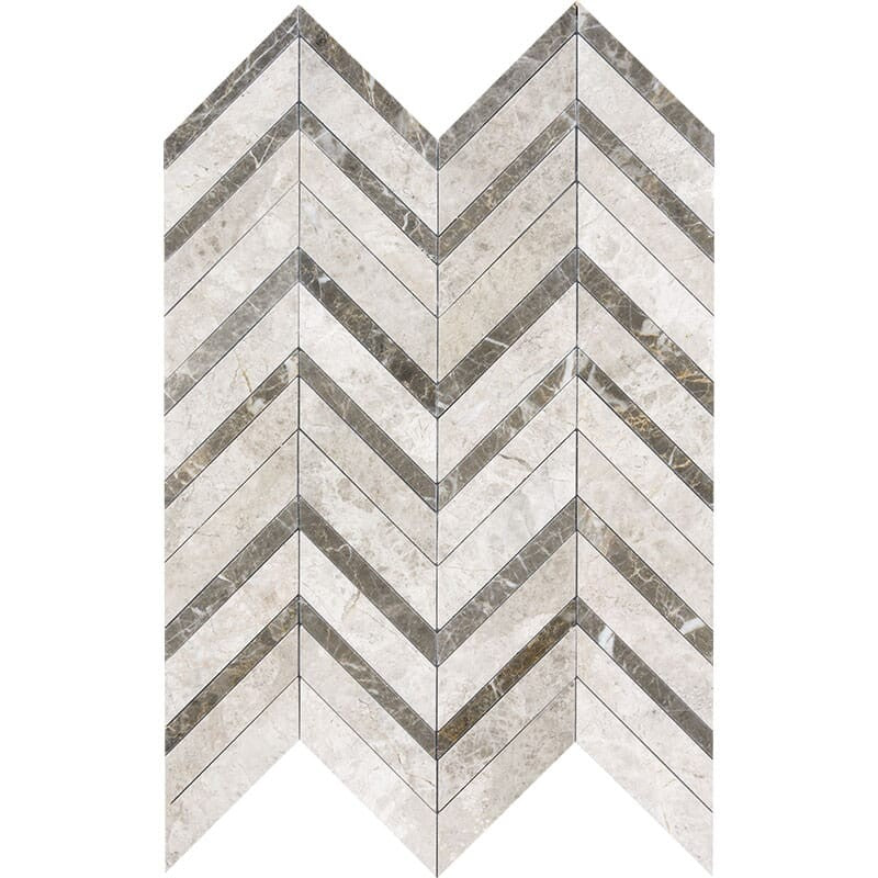DIMENTIONS : Silver Shadow Fusion Chevron Mosaic (multi finish | 11"x16"x7/8" | straight cut)