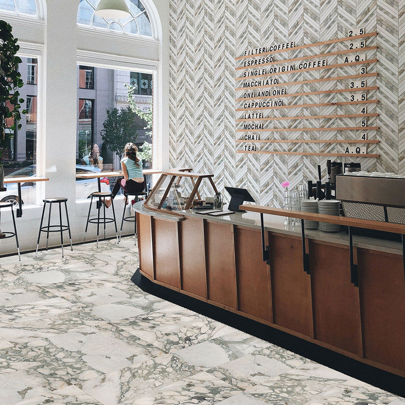 CALACATTA GREEN: Thin Chevron Mosaic (honed | 10"x13"x3/8" | straight cut)