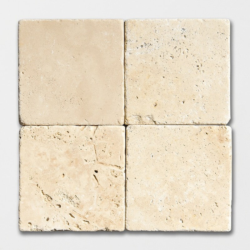 IVORY TRAVERTINE: Square Field Tile (tumbled | 4"x4"x3/8" | round)