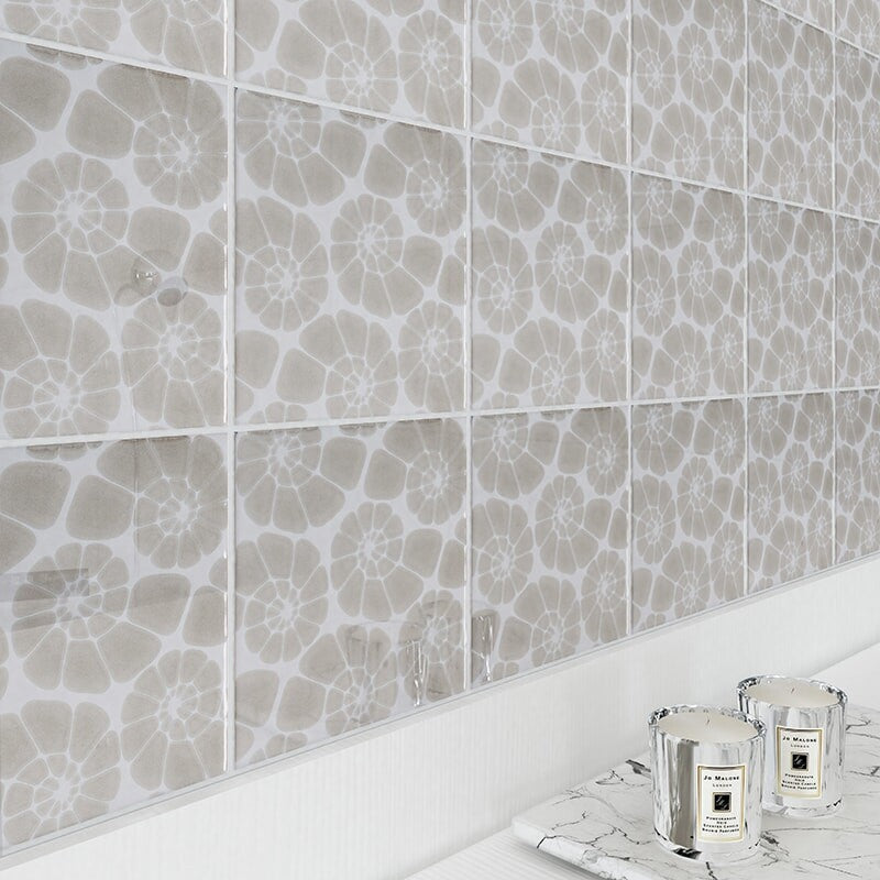SEASIDE CERAMIC: Neutral Swirl Nautilus Cluster Field Deco Tile (glossy | 6"x6"x3/8" | beveled)