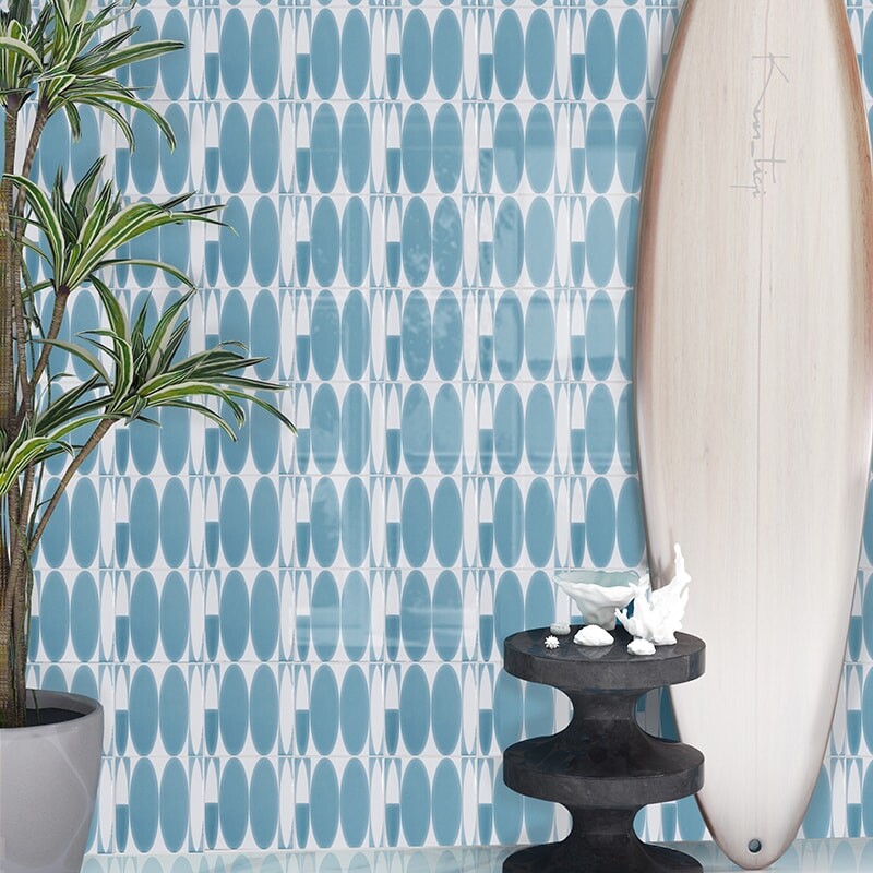 SEASIDE CERAMIC: Gidget Boards Surfs Up Field Deco Tile (glossy | 6"x6"x3/8" | beveled)