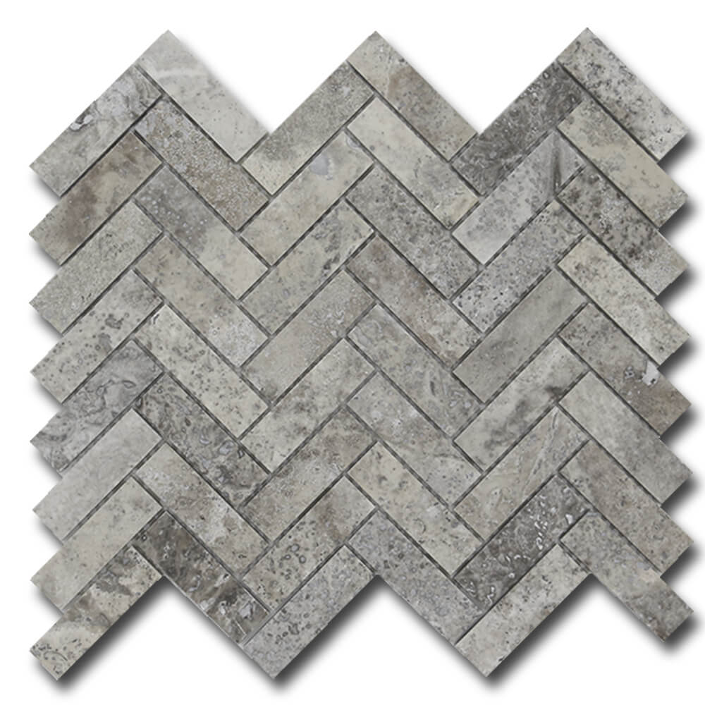 SILVER: Travertine 1"X3" Herringbone Mosaic (12"x12"x3/8" | honed)