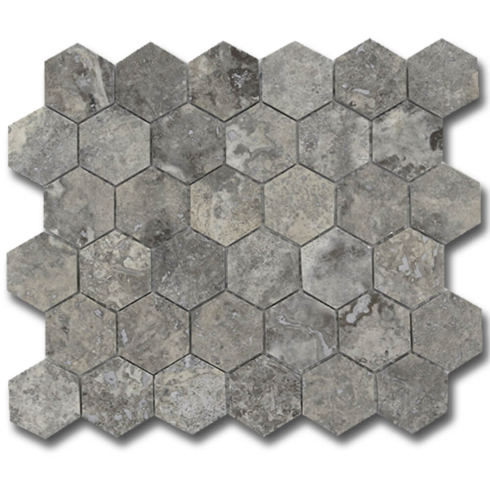 SILVER: Travertine 2" Honeycomb Mosaic (12"x12"x3/8" | honed)
