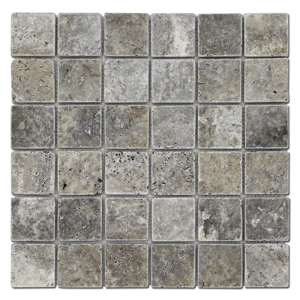 SILVER: Travertine 2"X2" Straight Stack Mosaic (12"x12"x3/8" | tumbled)