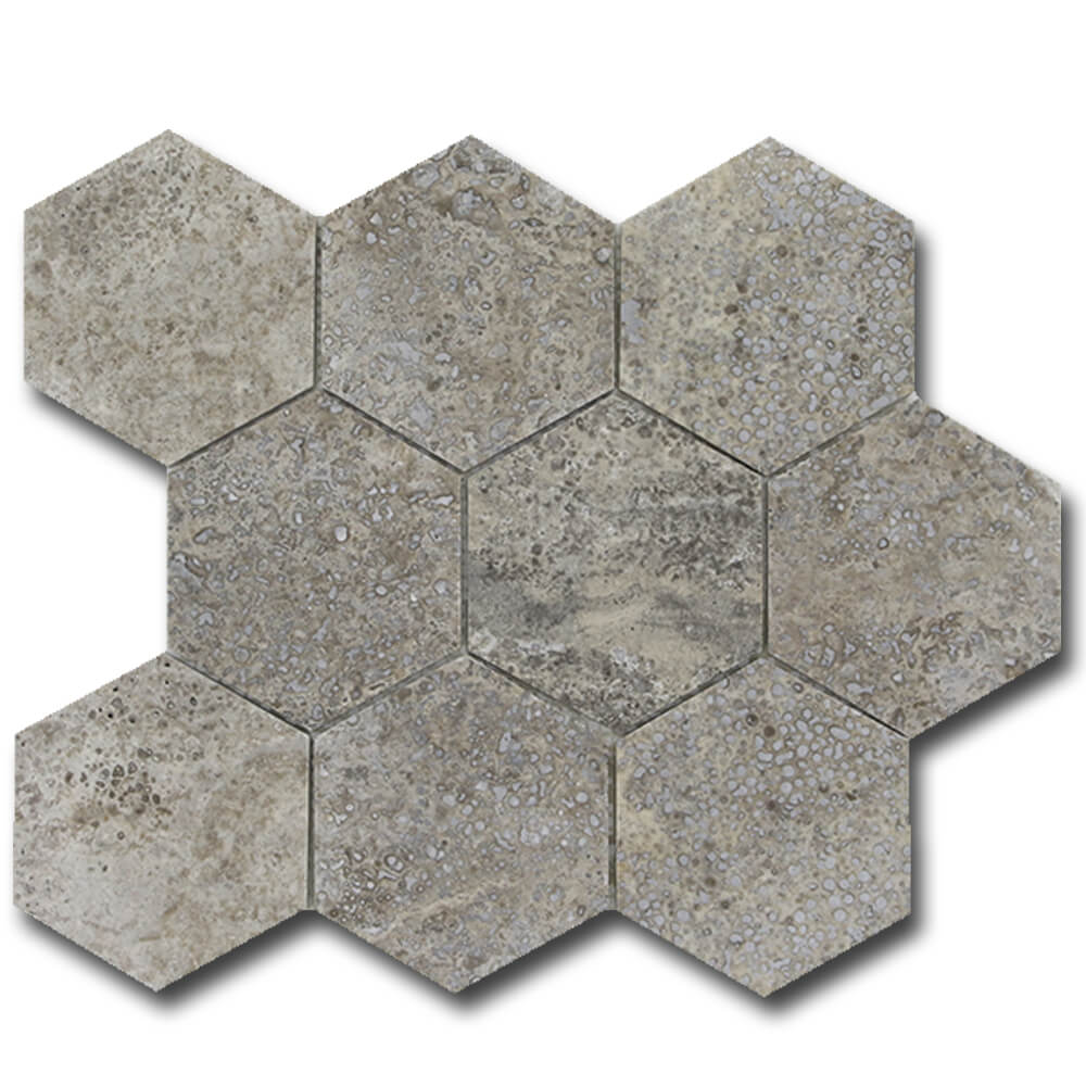 SILVER: Travertine 4" Honeycomb Mosaic (11 9/16"x14"x3/8" | honed)