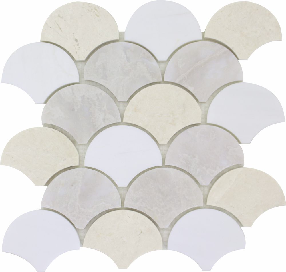 BIANCO VENATO: Iceberg, Vanilla Marble & Dolomite Fish Scale Mosaic (11 1/2"x12 1/4"x3/8" | polished)
