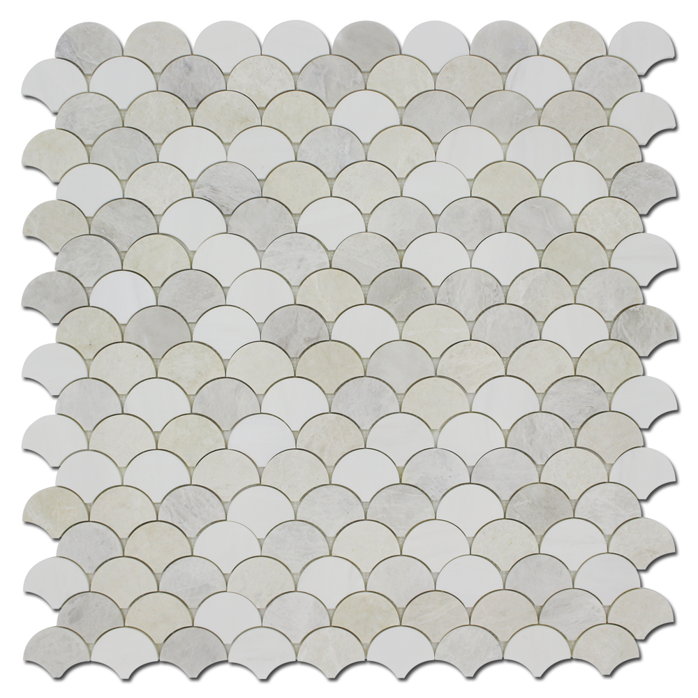 BIANCO VENATO: Iceberg, Vanilla Marble & Dolomite Fish Scale Mosaic (11 1/2"x12 1/4"x3/8" | polished)