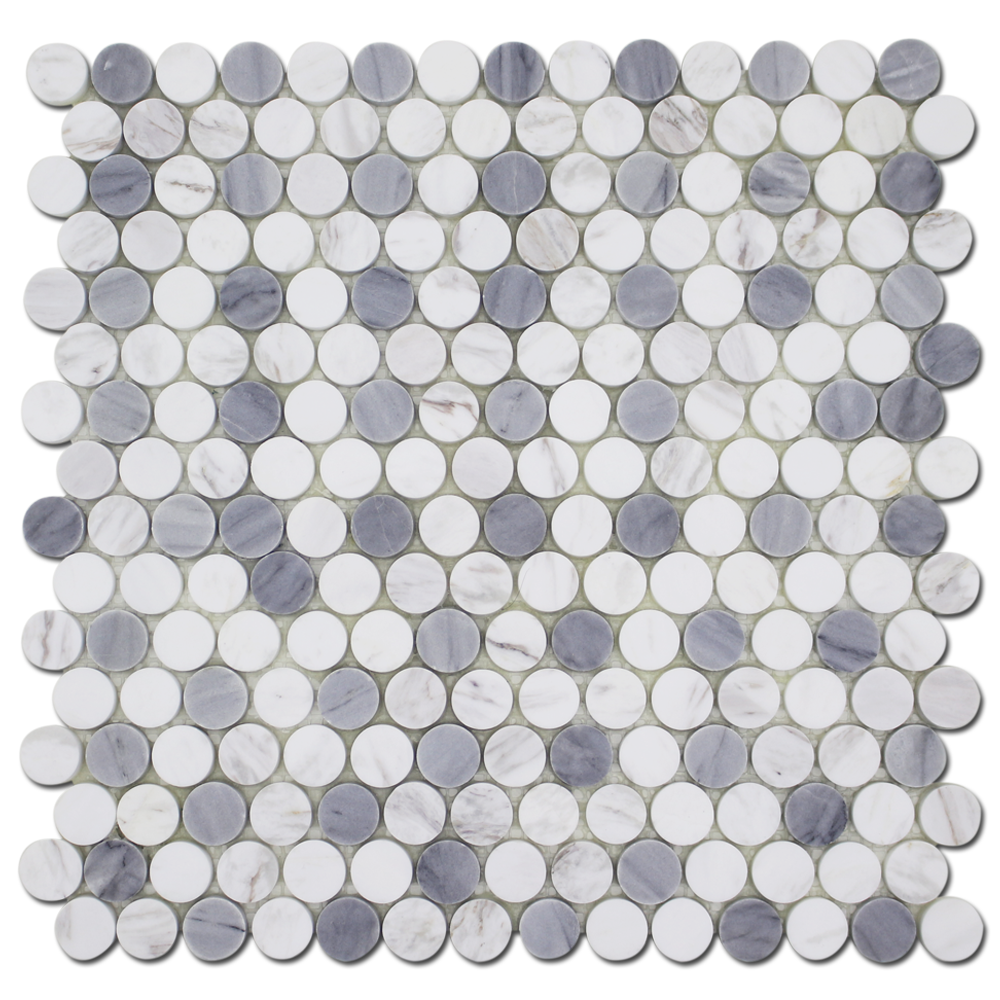 BARDIGLIO: Bianco Venato Marble & Dolomite 1" Penny Round Mosaic (12"x12"x1/4" | honed)