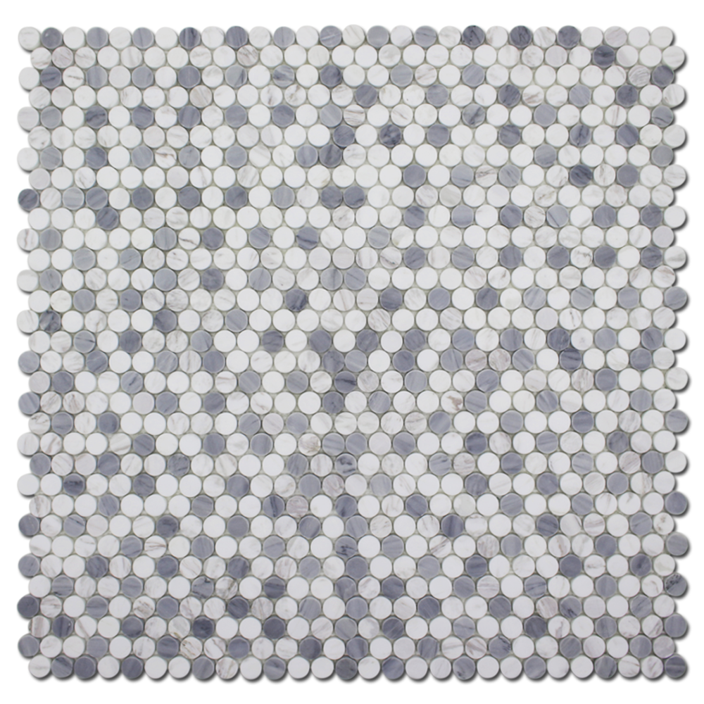 BARDIGLIO: Bianco Venato Marble & Dolomite 1" Penny Round Mosaic (12"x12"x1/4" | honed)