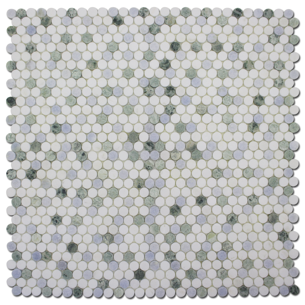 BIANCO VENATO: Calacatta Olive, Blue Celeste Dolomite 1" Penny Round Mosaic (12"x12"x1/4" | honed)