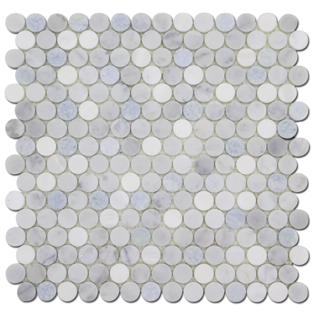BIANCO VENATO: Carrara, Blue Celeste Marble & Dolomite 1" Penny Round Mosaic (12"x12"x1/4" | honed)