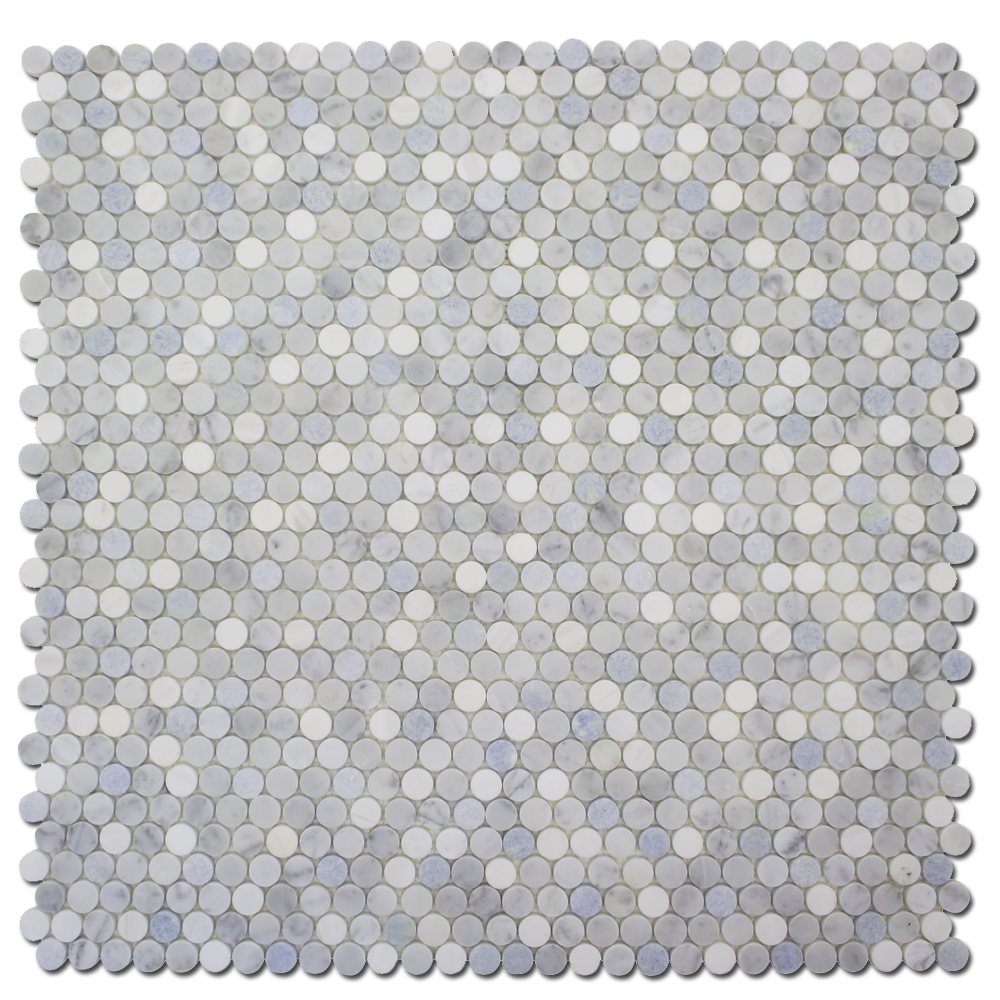 BIANCO VENATO: Carrara, Blue Celeste Marble & Dolomite 1" Penny Round Mosaic (12"x12"x1/4" | honed)