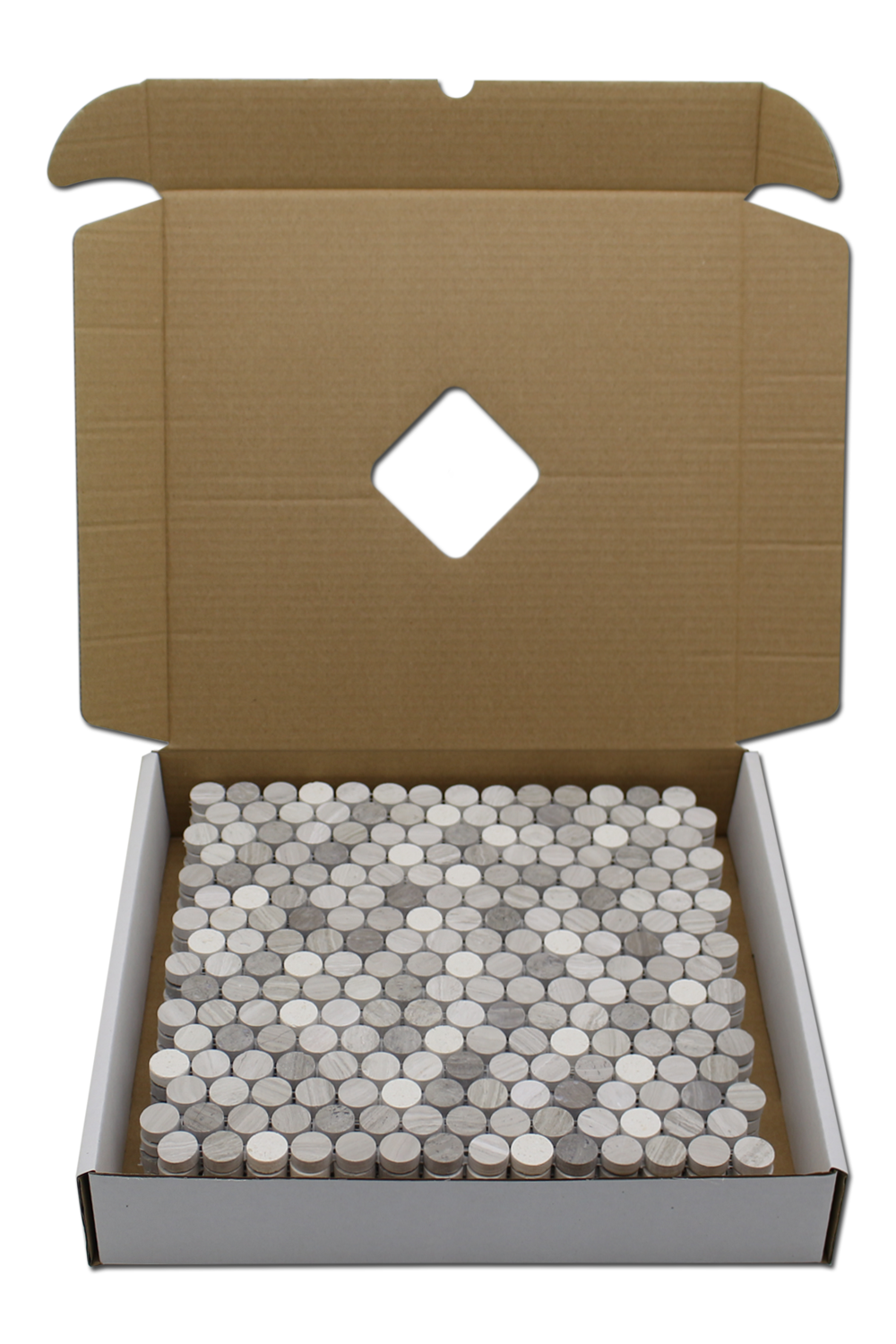 BOTTICINO: Wooden White, Athens Grey Marble 1" Penny Round Mosaic (12"x12"x1/4" | honed)