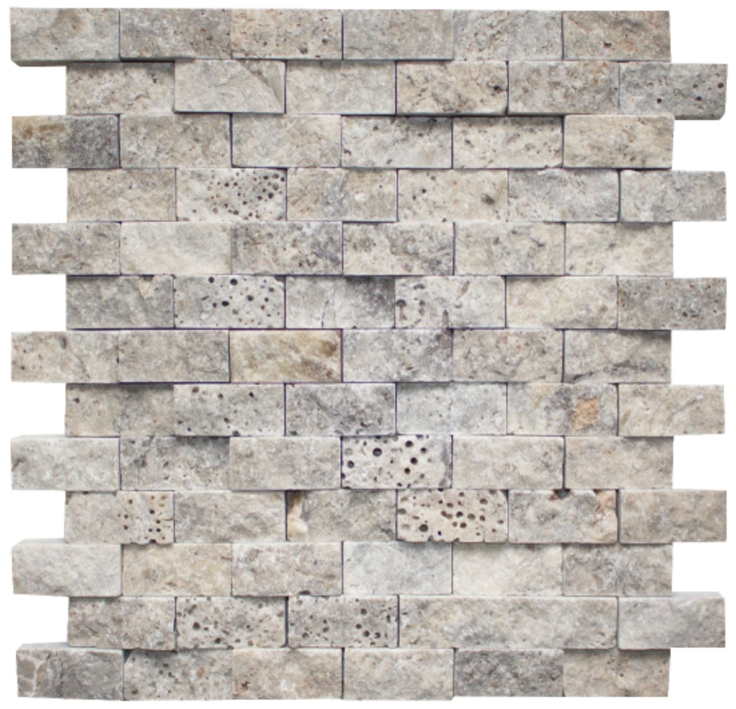 SILVER: Travertine 1"X2" Staggered Joint Mosaic (12"x12"x3/4"-1" | splitface)
