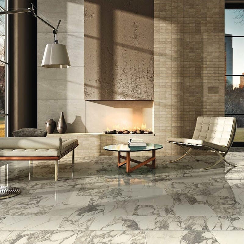 CARRARA PORCELAIN: Carrara Arabescato Rectangle Field Tile (semi polished | 12"x24"x3/8" | straight cut)
