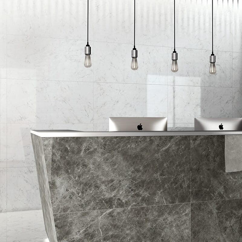 BIANCO CARRARA PORCELAIN: Bianco Carrara Rectangle Field Tile (polished | 12"x24"x25/64" | straight cut)