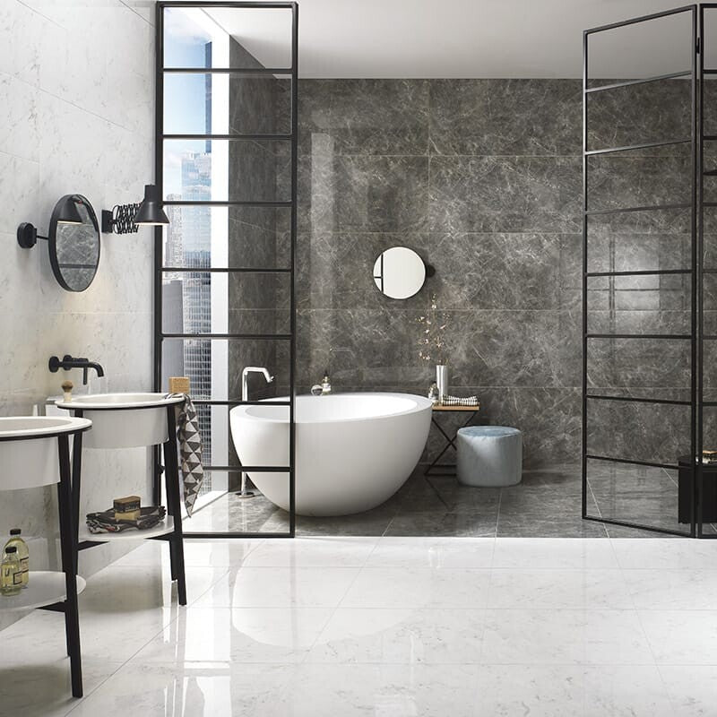 BIANCO CARRARA PORCELAIN: Bianco Carrara Rectangle Field Tile (polished | 12"x24"x25/64" | straight cut)