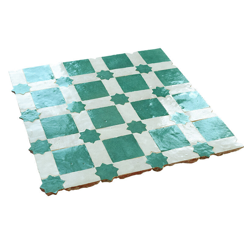 MOROCCAN: Dark Spring Green, White Malak Zellige Mosaic (11"x11"x13/16" | glossy)