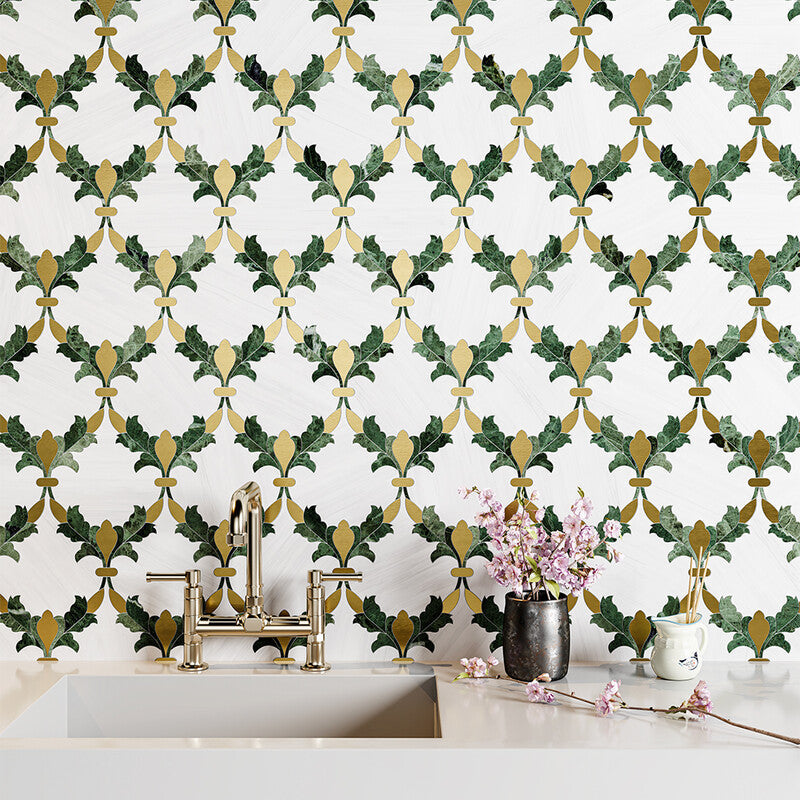 VERDE TIA : Verde Tia Floral Arabesque Mosaic (honed | 8"x11"x3/16" | straight cut)
