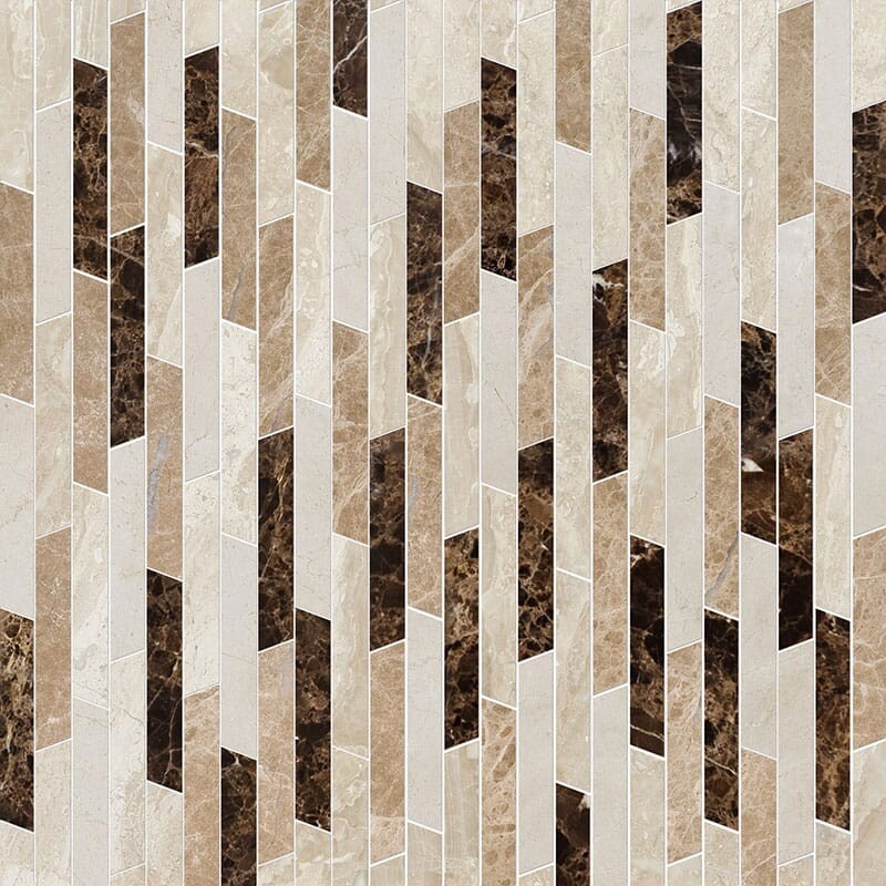 TALYA: Emperador Dark, Diana Royal Rhodes Chevron Mosaic (polished | 8"x14"x13/16" | straight cut)