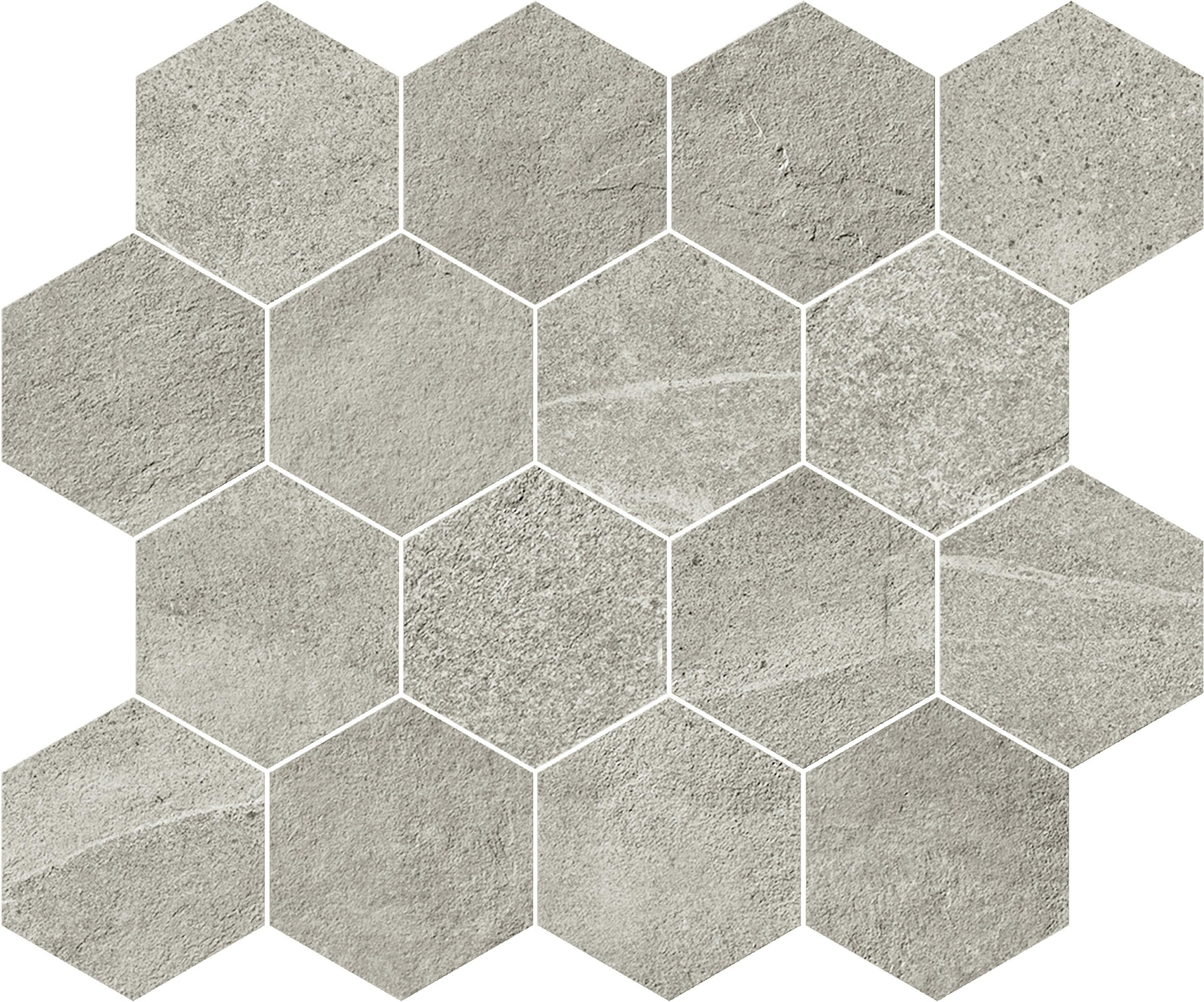JOURNEY Modern Grey porcelain mosaic, top-down product view, 12"×10"×11/32" size. Premium porcelain for floors and walls.