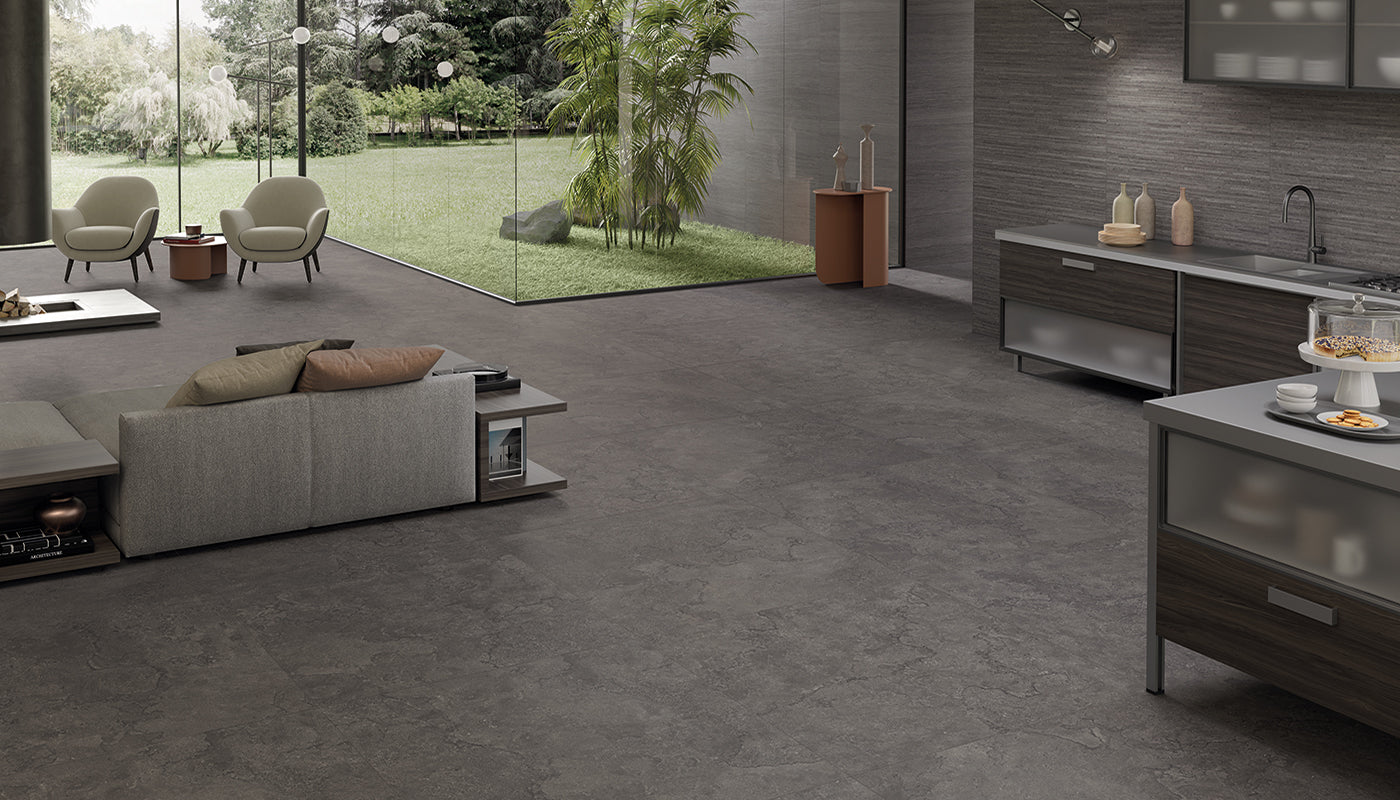Portland Stone ANTHRACITE porcelain mosaic tile by Emil, naturale finish, 8"x12" size. Premium Italian porcelain for floors and walls.