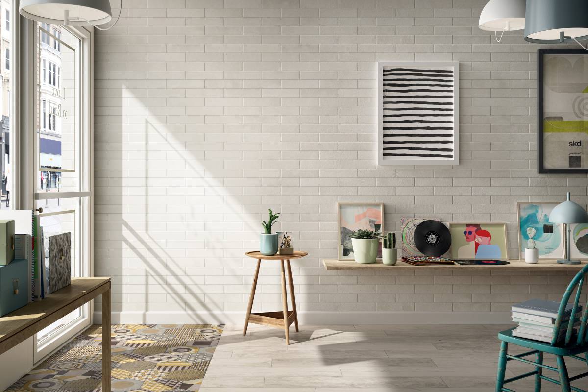 BRICK WORLD SOHO White porcelain trim, lifestyle installation view 4, 3"×12"×11/32" size. Premium porcelain for floors and walls.