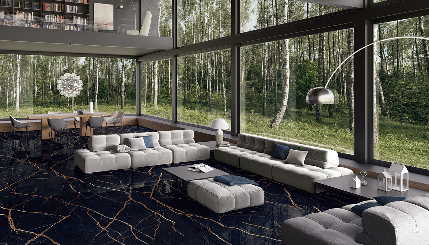 Unique Marble Sahara Noir porcelain field tile by Emil, silktech finish, 23 5/8"x47 1/4"x9.5-mm size. Premium Italian porcelain for floors and walls.