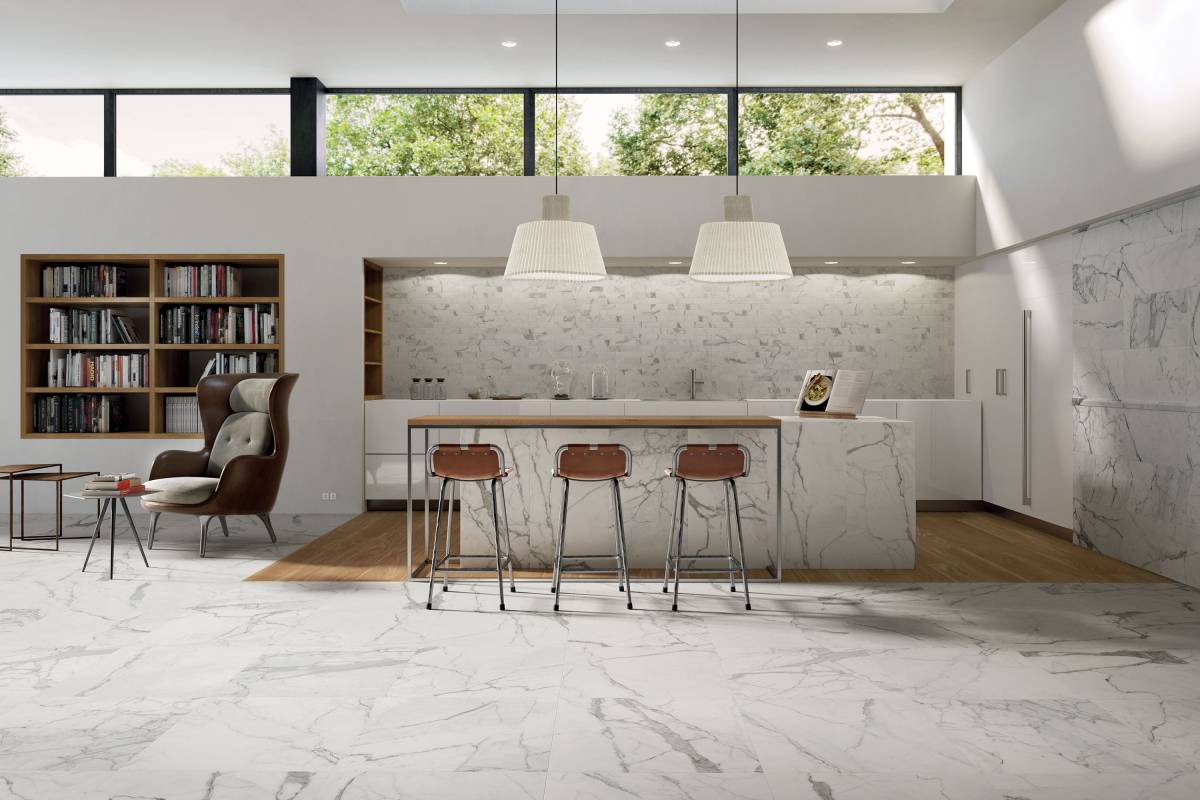 CHARME Calacatta Gold porcelain trim, lifestyle installation view 2, 3"×24"×11/32" size. Premium porcelain for floors and walls.