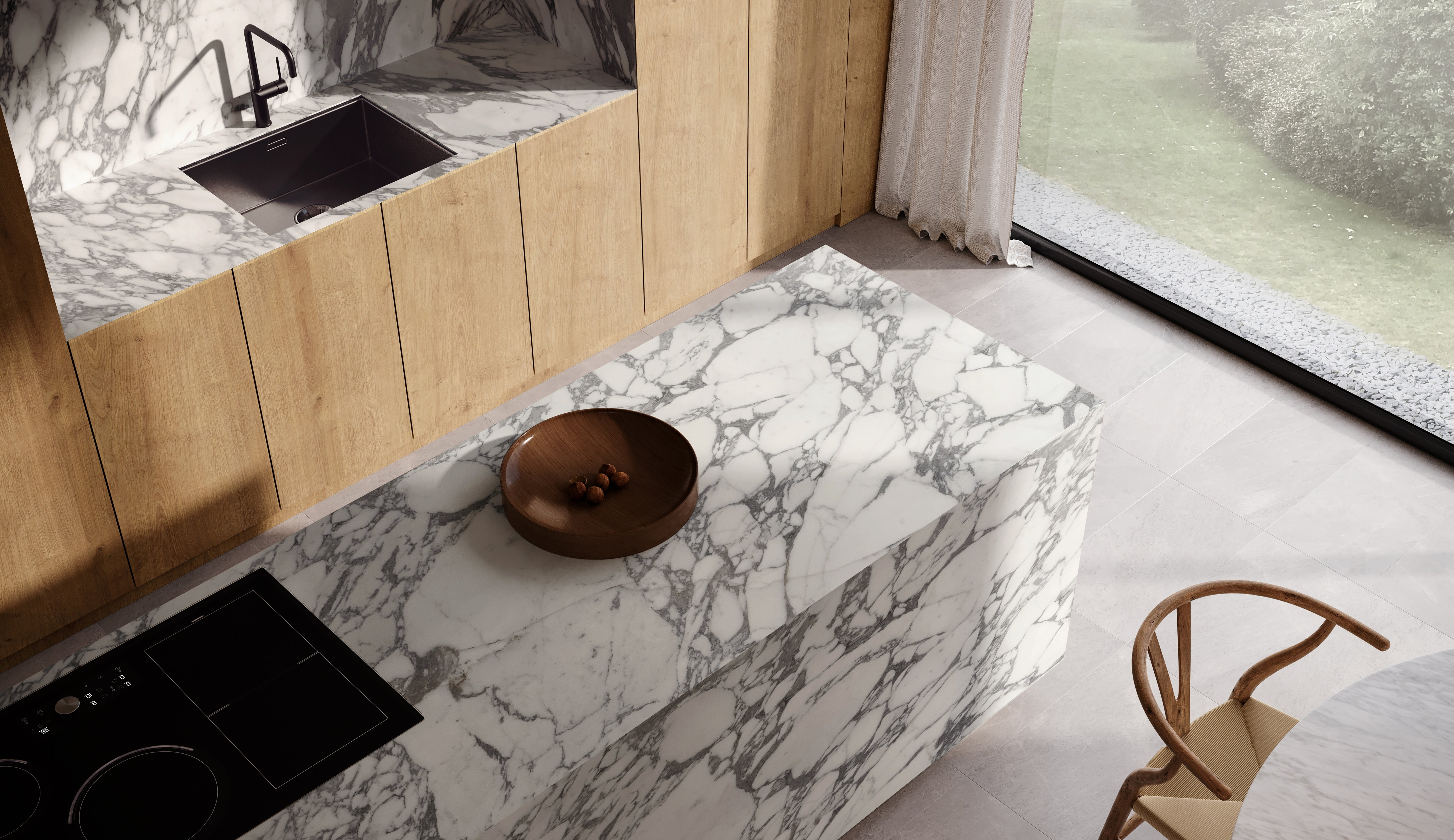 Arabescato Corchia slabs by Anatolia Aeterna, lifestyle installation view 3, 63"×125 31/32" size. Premium porcelain for floors and walls.