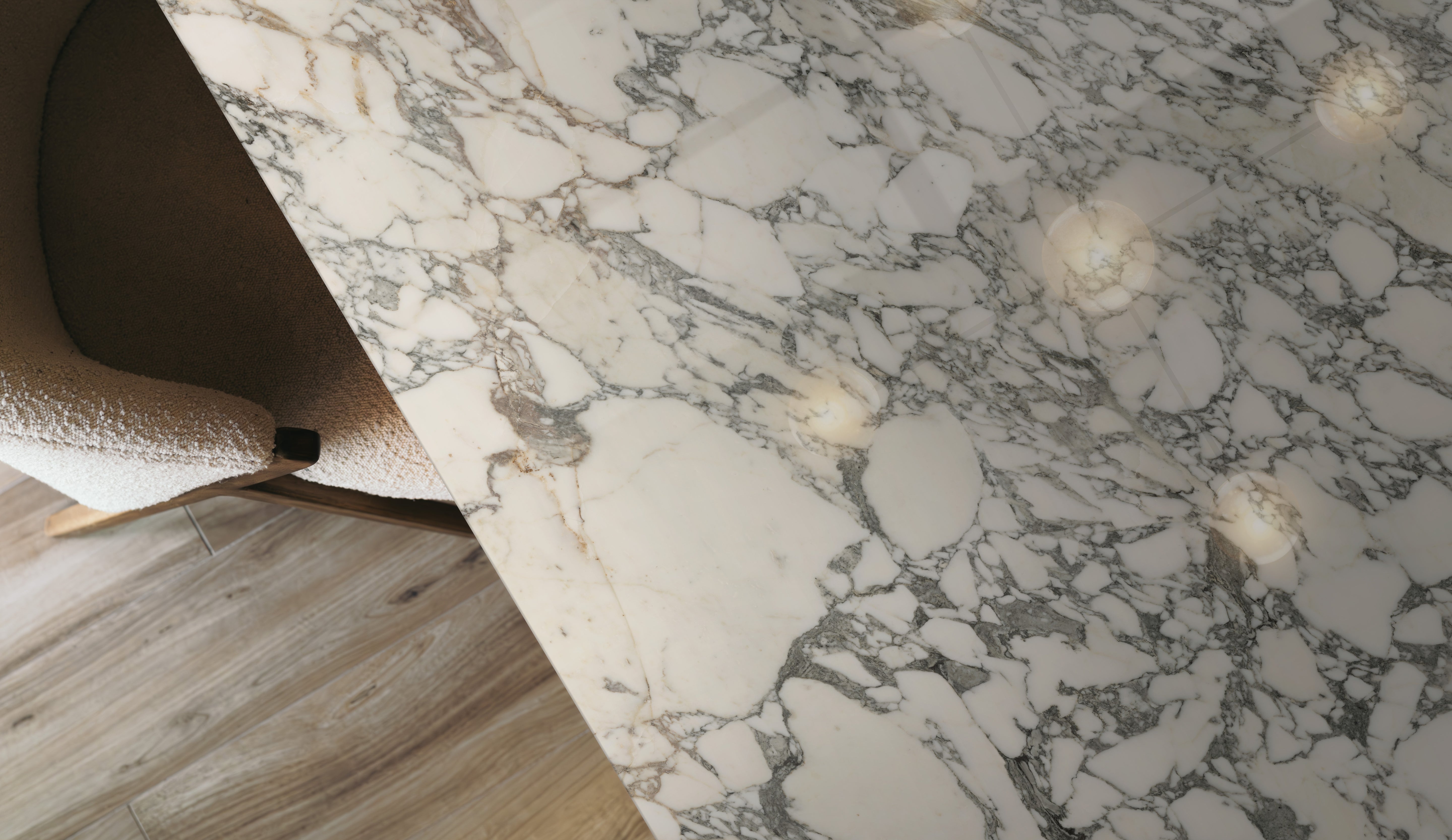 Arabescato Corchia slabs by Anatolia Aeterna, lifestyle installation view 4, 63"×125 31/32" size. Premium porcelain for floors and walls.