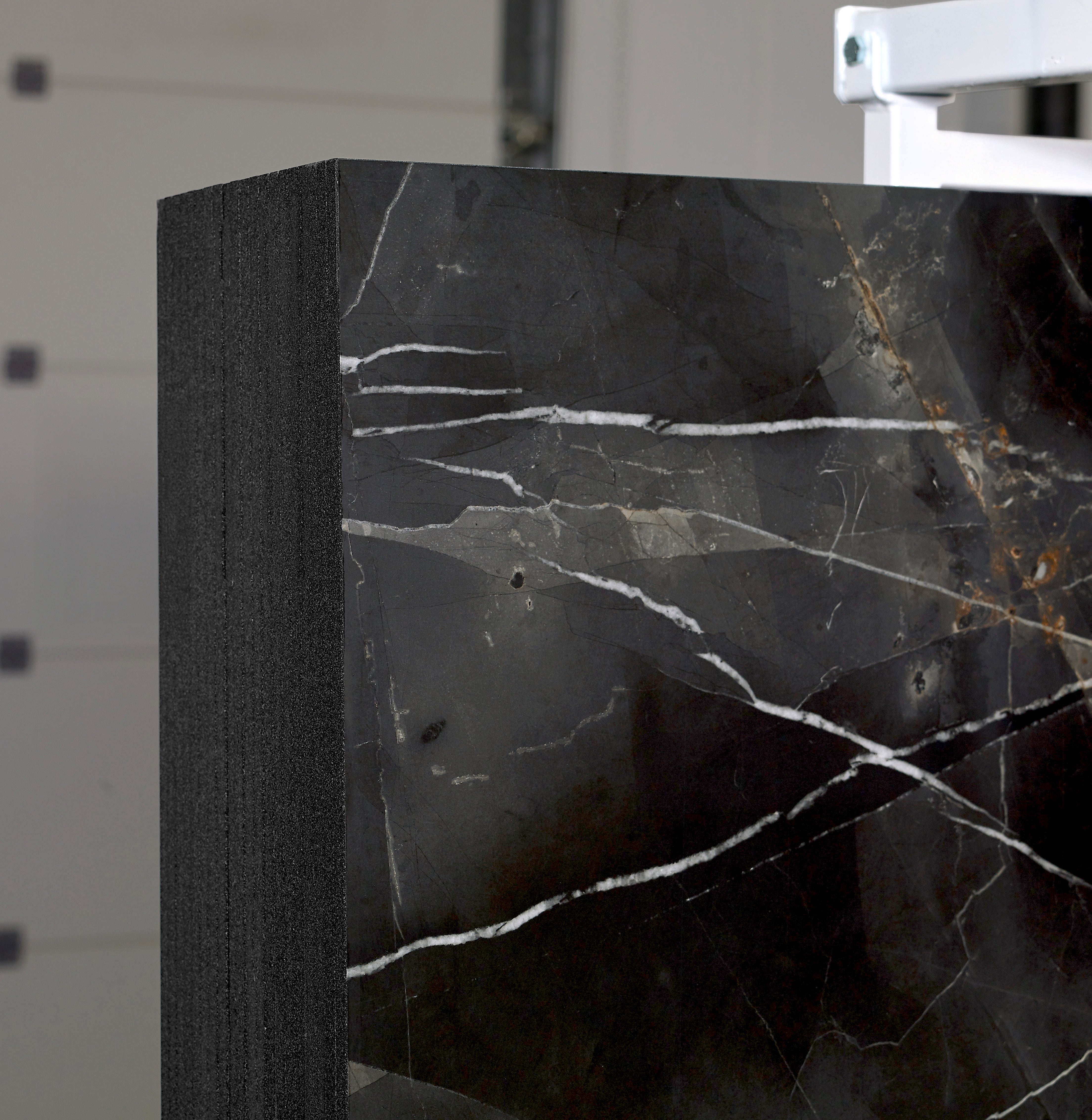 Majesto Calacatta Noir sintered stone slabs by Anatolia, top-down product view, 64"×127"×15/32" size. Turkish sintered stone for floors and walls.