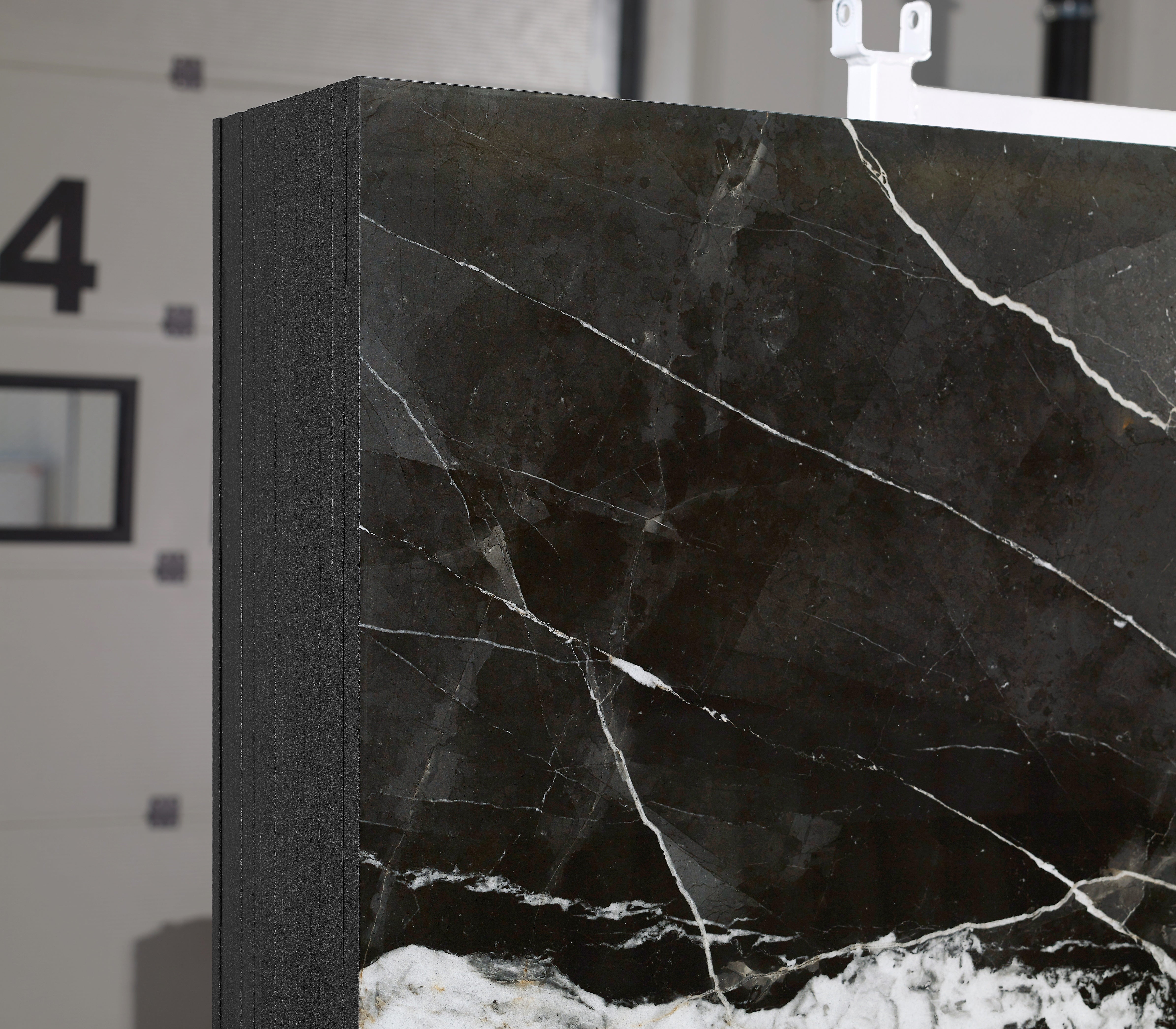 Majesto Calacatta Noir sintered stone slabs by Anatolia, top-down product view, 64"×127"×15/32" size. Turkish sintered stone for floors and walls.
