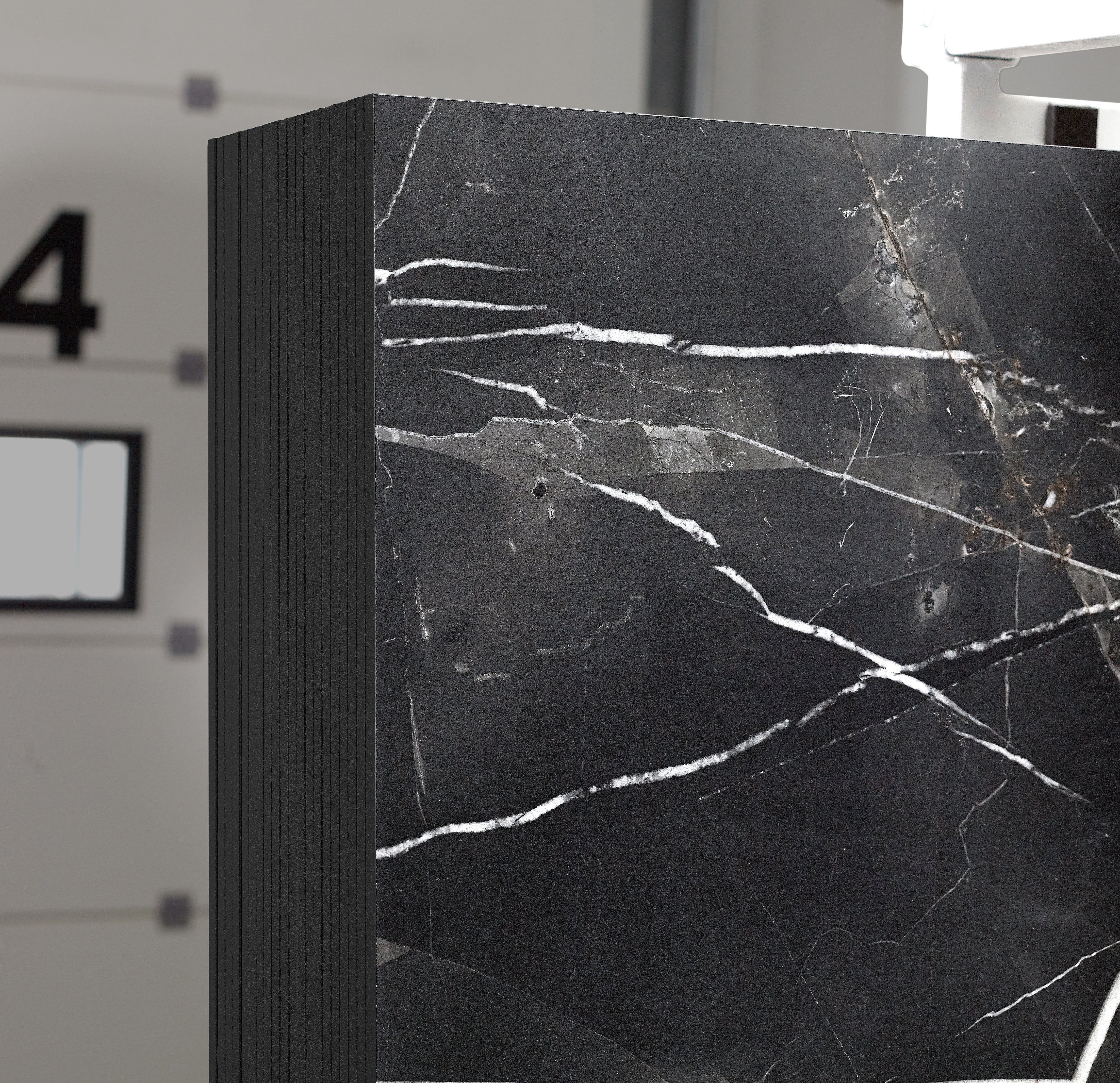 Majesto Calacatta Noir sintered stone slabs by Anatolia, top-down product view, 64"×127"×15/32" size. Turkish sintered stone for floors and walls.