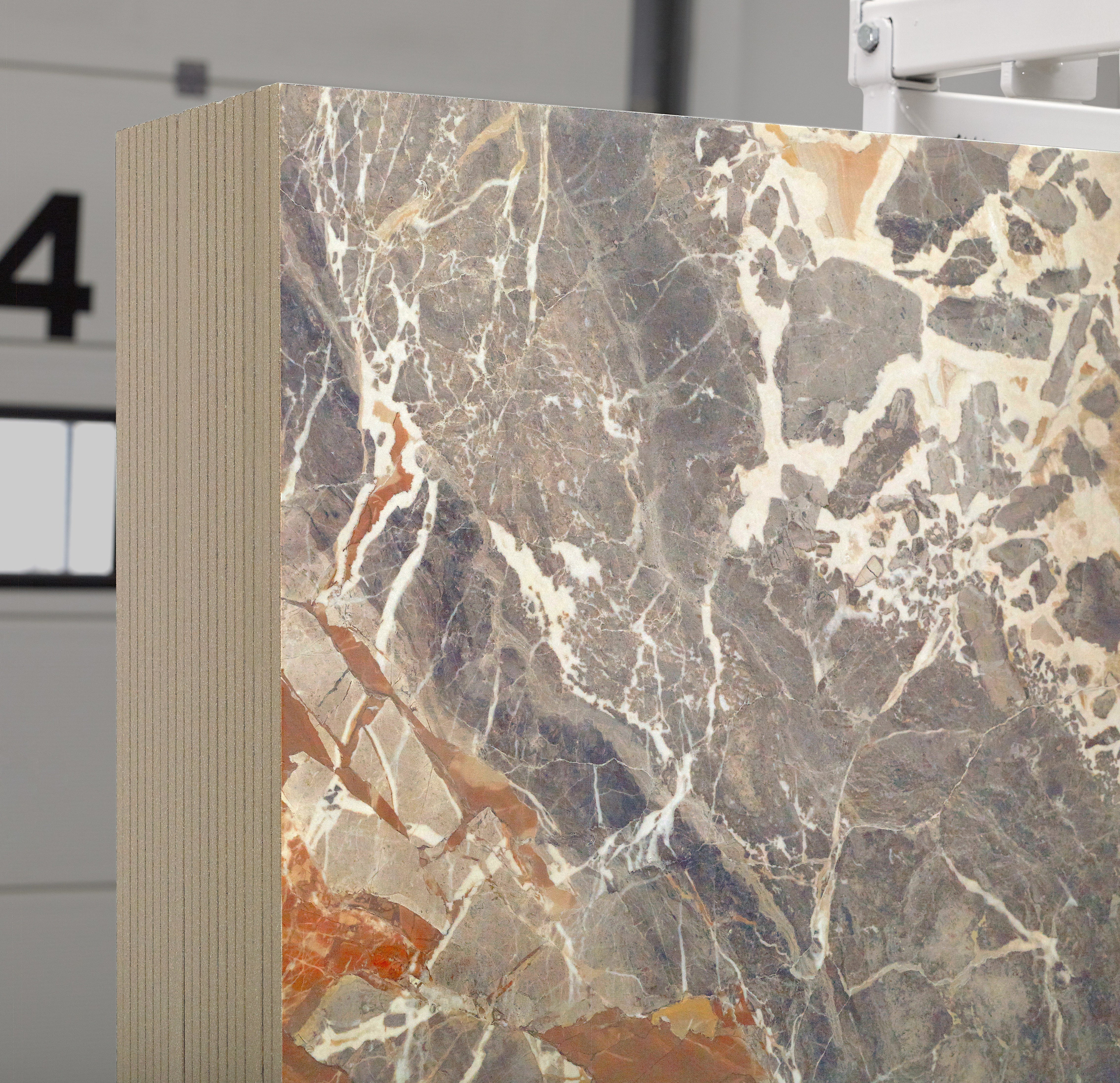 Majesto Macchia Vecchia sintered stone slabs by Anatolia, top-down product view, 64"×127"×15/32" size. Turkish sintered stone for floors and walls.
